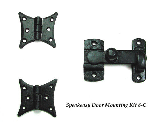 Black powder-coated door and gate grille mounting kit #8-C, includes two hinges and a latch, sold as a set.