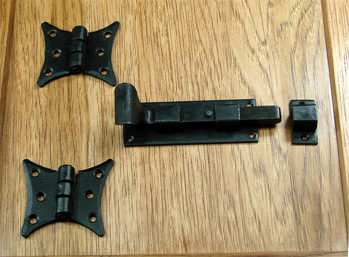 Black door and gate grille mounting kit #3-A set, including hinges and latch for secure installation.
