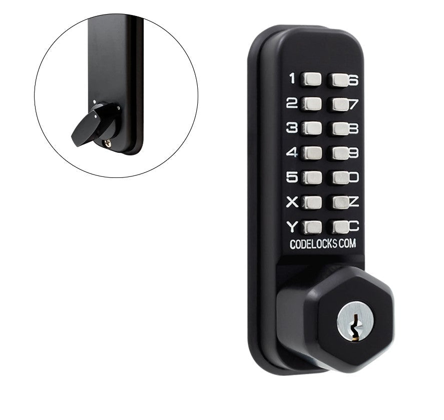 Mechanical gate lock with keypad and key override, available in various finishes and latch types for security.