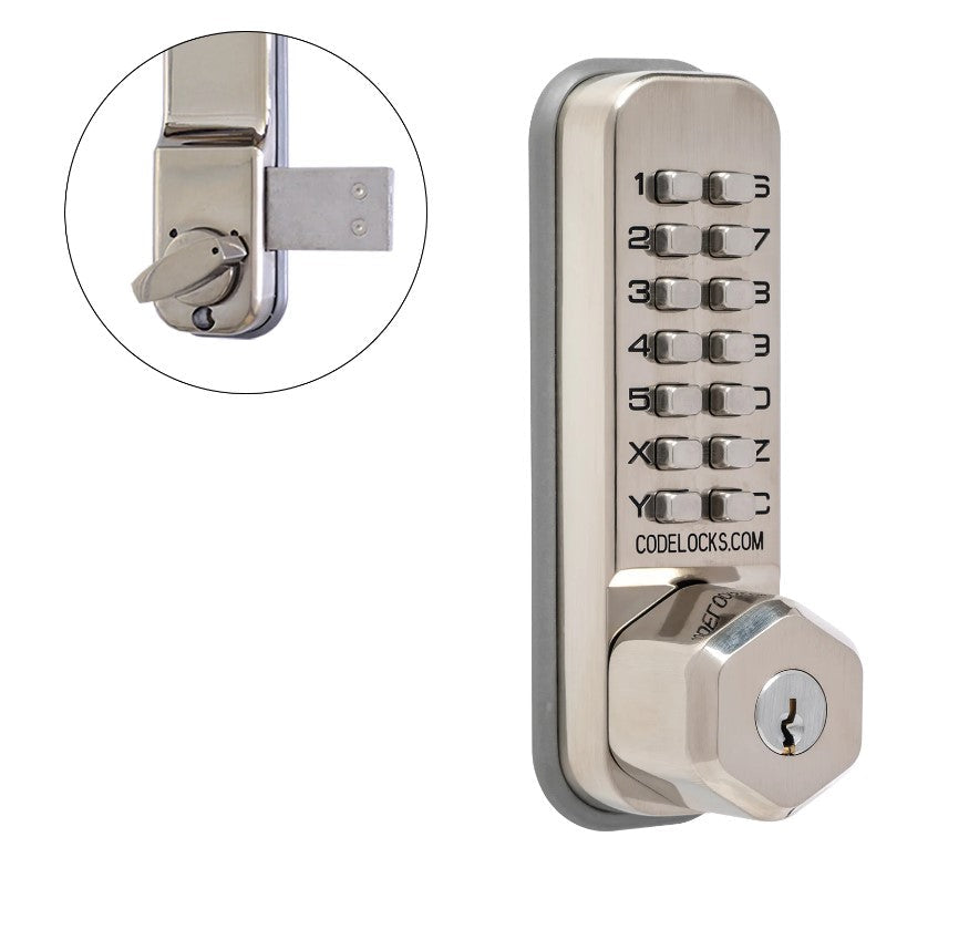 Mechanical gate lock with code, featuring a key override and available in various finishes and latch types.