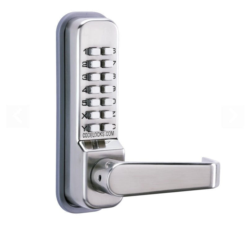 Mechanical gate lock with code entry, featuring a tubular latchbolt and available in multiple finishes.