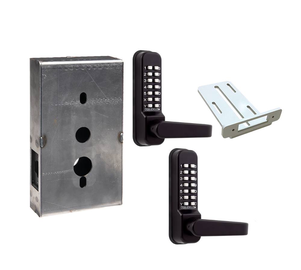 Mechanical gate lock kit featuring a steel box, tubular latchbolt, and dual code entry handles in various finishes.