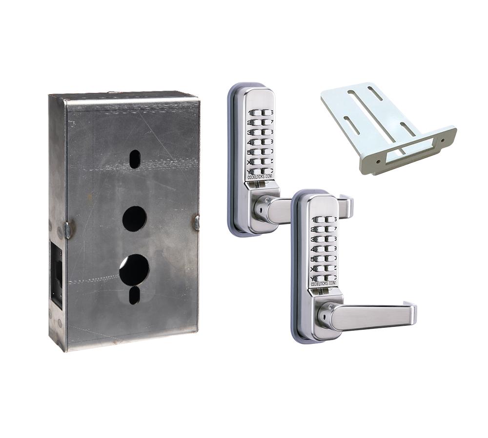 Mechanical gate lock kit with back-to-back steel box, tubular latchbolt, and multiple finish options.