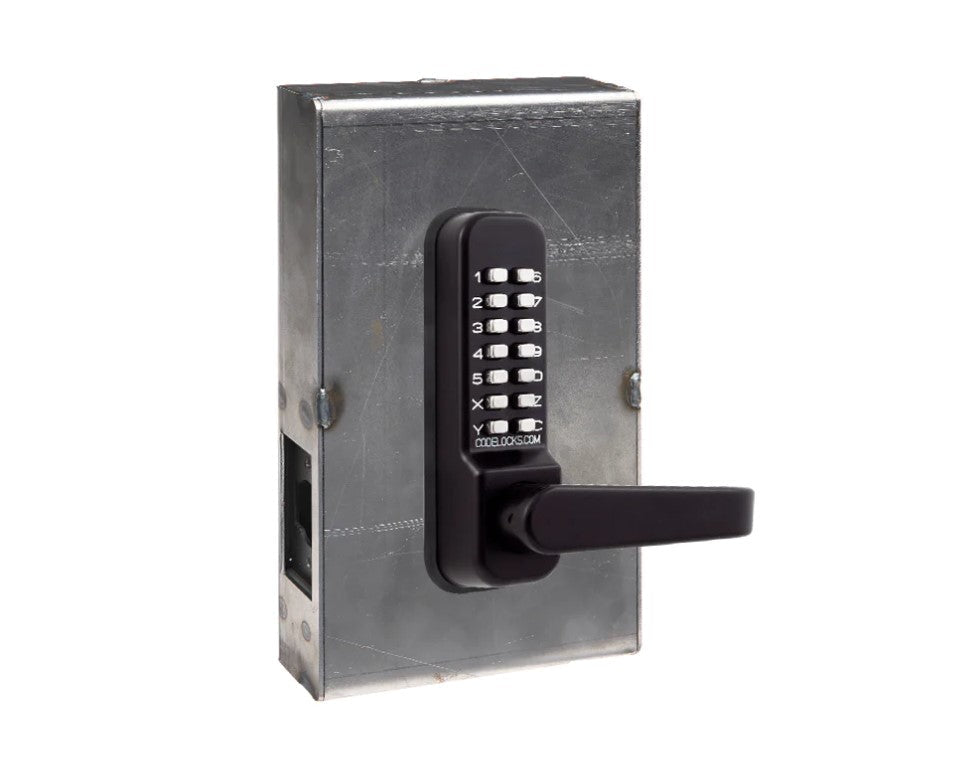 Mechanical gate lock with keypad and tubular latchbolt, designed for medium-duty use, available in multiple finishes.