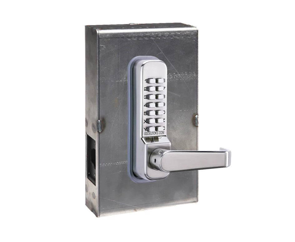 Mechanical gate lock kit featuring a steel box, tubular latchbolt, and keypad for code entry, available in multiple finishes.