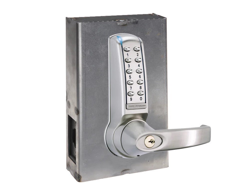 Electronic gate lock kit featuring a brushed finish, keypad entry, and medium-duty tubular latchbolt for security.