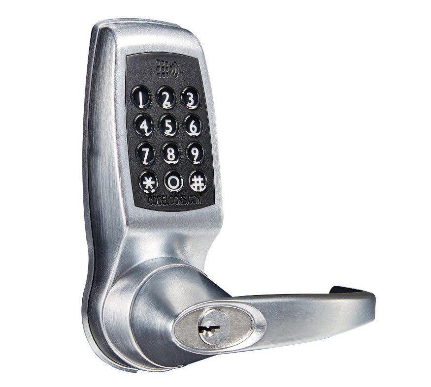 Smart medium duty tubular latch gate lock with code, brushed finish, featuring a keypad and key access.
