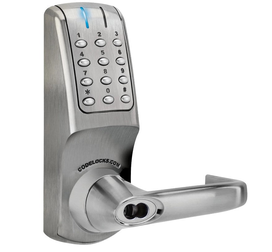 Electronic gate lock with code, heavy-duty tubular latchbolt, brushed finish, multiple cylinder options available.