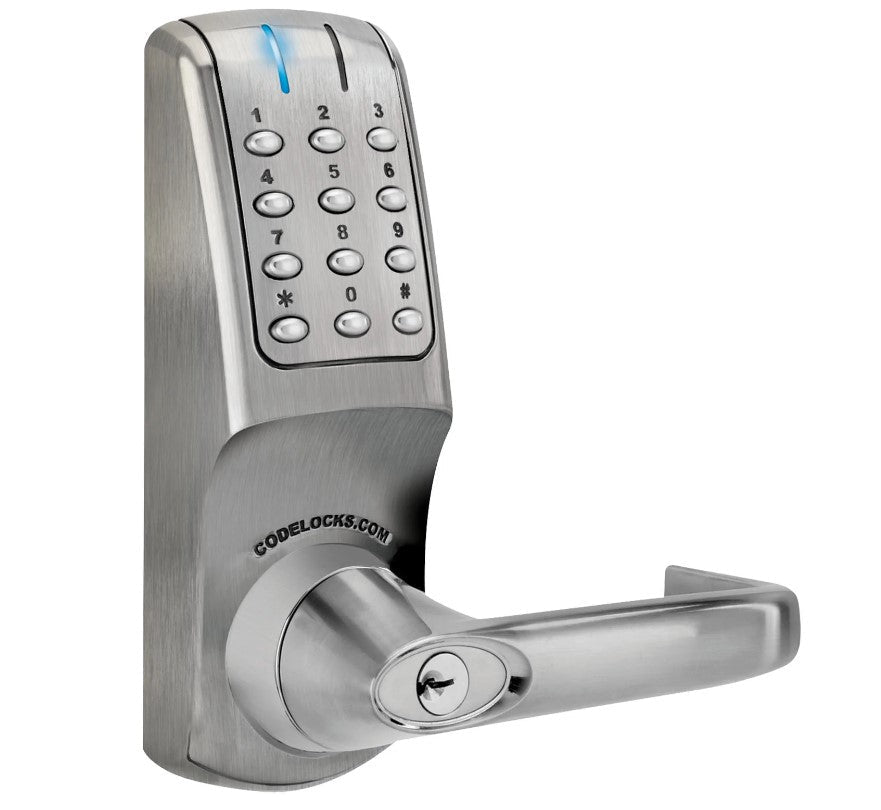 Electronic gate lock with keypad, heavy-duty tubular latchbolt, brushed finish, and multiple cylinder options available.