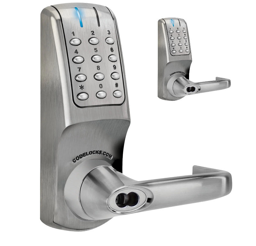 Electronic gate lock with keypad, heavy-duty tubular latchbolt, brushed finish, and multiple cylinder options.
