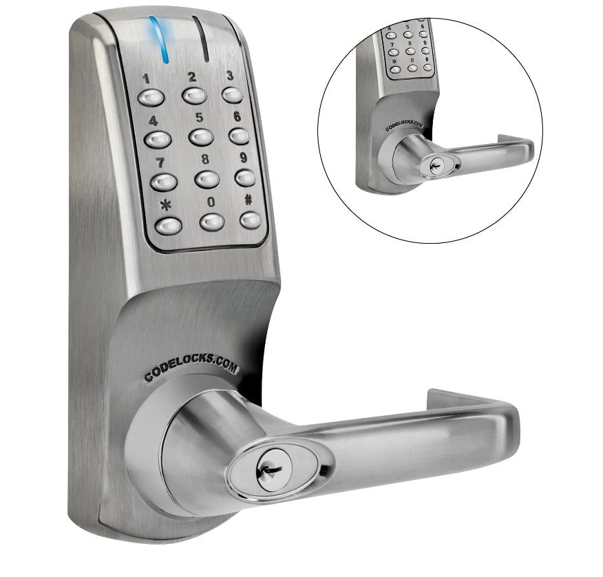 Electronic gate lock with keypad, heavy-duty tubular latchbolt, brushed finish, and multiple cylinder options available.