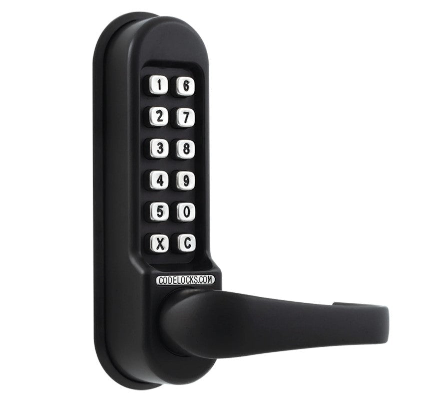 Heavy-duty mechanical gate lock with keypad, tubular latchbolt, available in multiple finishes, sold individually.