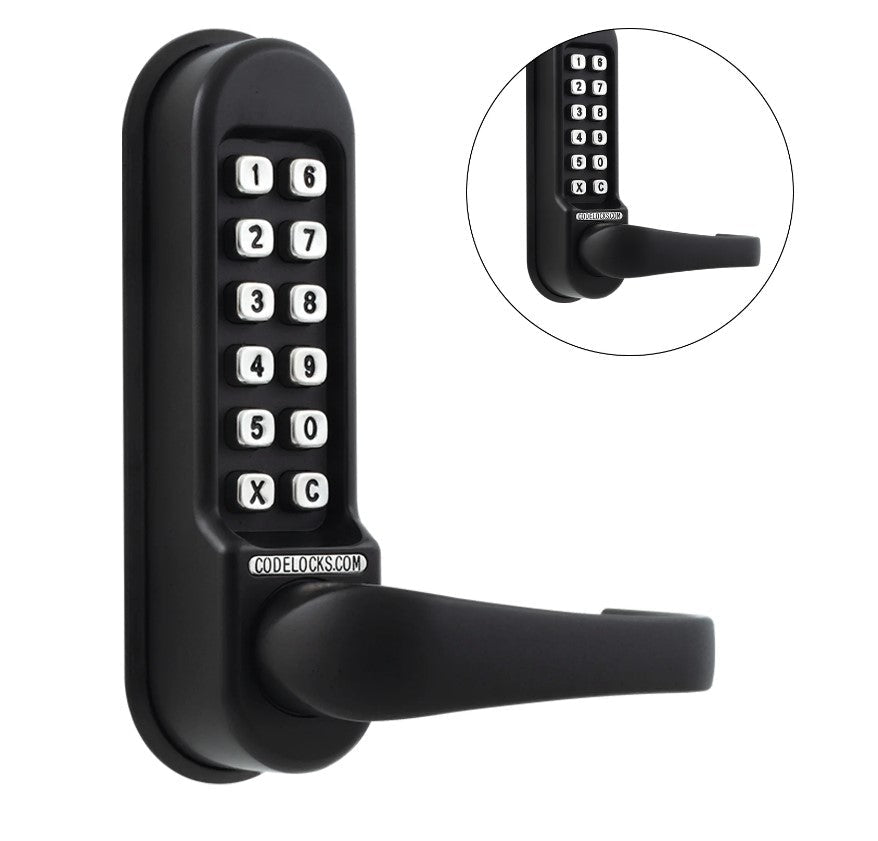Heavy-duty mechanical gate lock with keypad, tubular latchbolt, available in multiple finishes, sold individually.