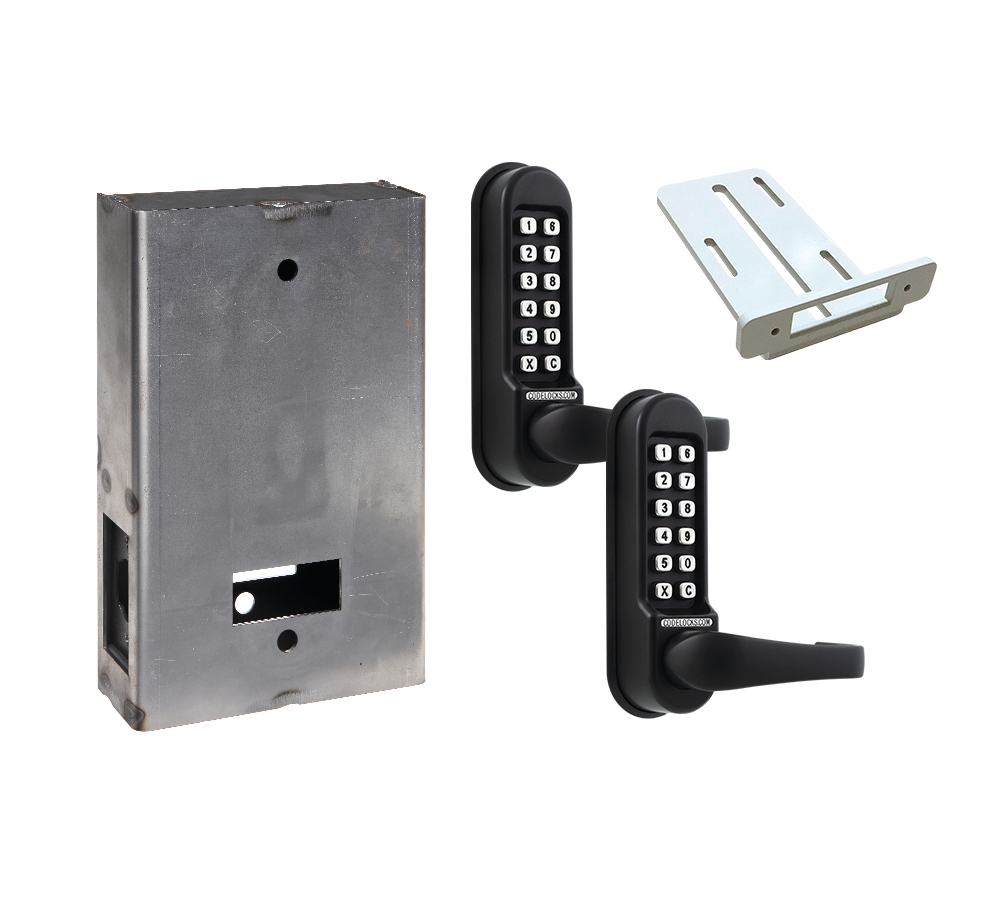 Heavy-duty gate lock kit with mechanical tubular latchbolt, includes steel box and two keyless entry handles.