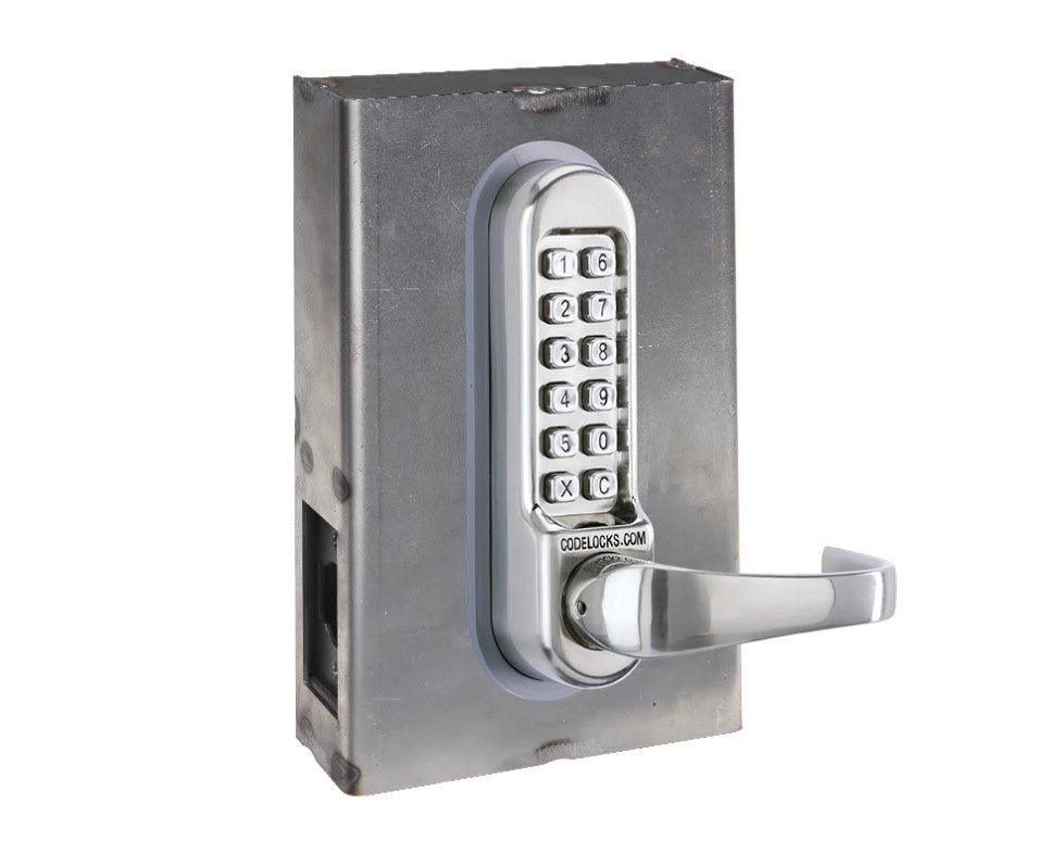 Heavy-duty steel gate lock kit with mechanical tubular latchbolt and keypad, available in multiple finishes.