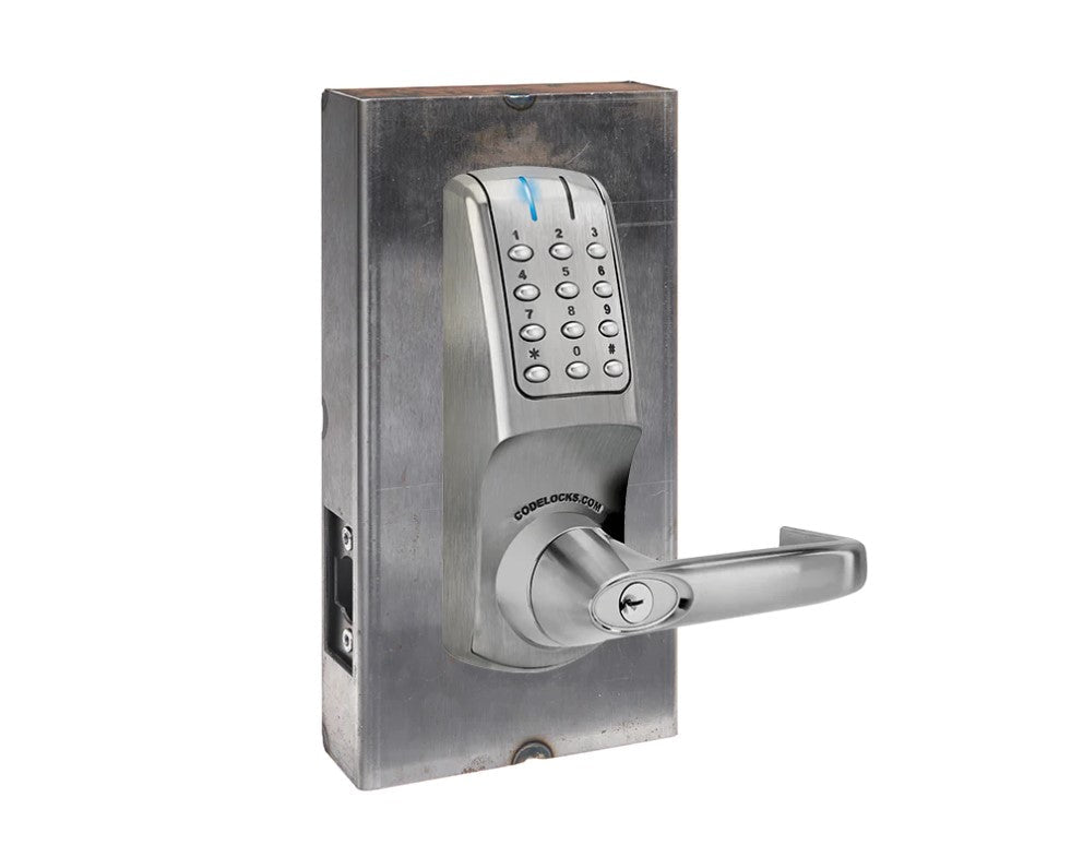 Electronic gate lock kit featuring a brushed aluminum finish, keypad entry, and heavy-duty tubular latchbolt.