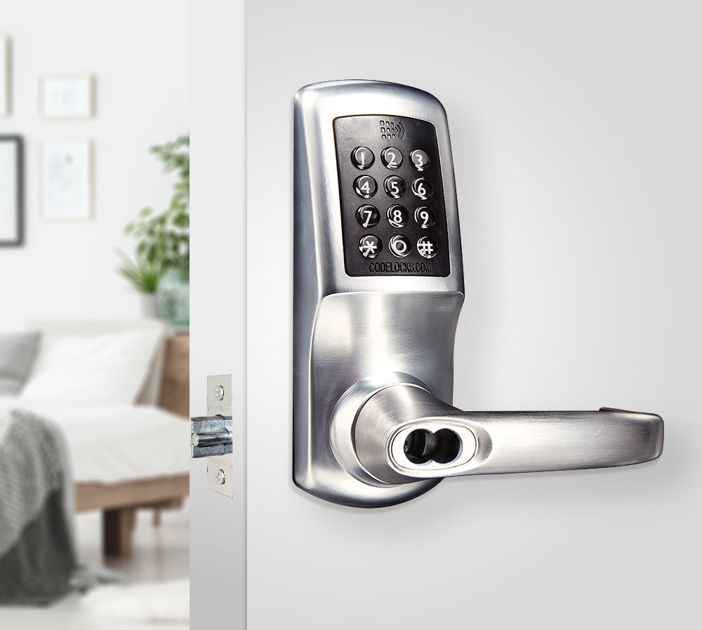 Smart gate lock with code, 5500 Series, medium duty tubular latch, brushed finish, multiple cylinder options available.