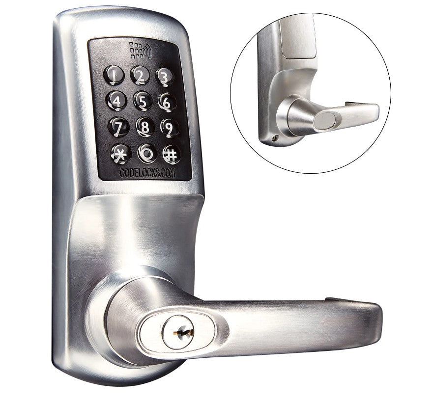 Smart gate lock with keypad, medium duty tubular latch, brushed finish, and multiple cylinder options available.