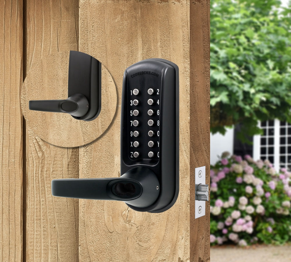Heavy-duty gate lock with mechanical tubular latchbolt, featuring a keypad for quick code changes, available in various finishes.