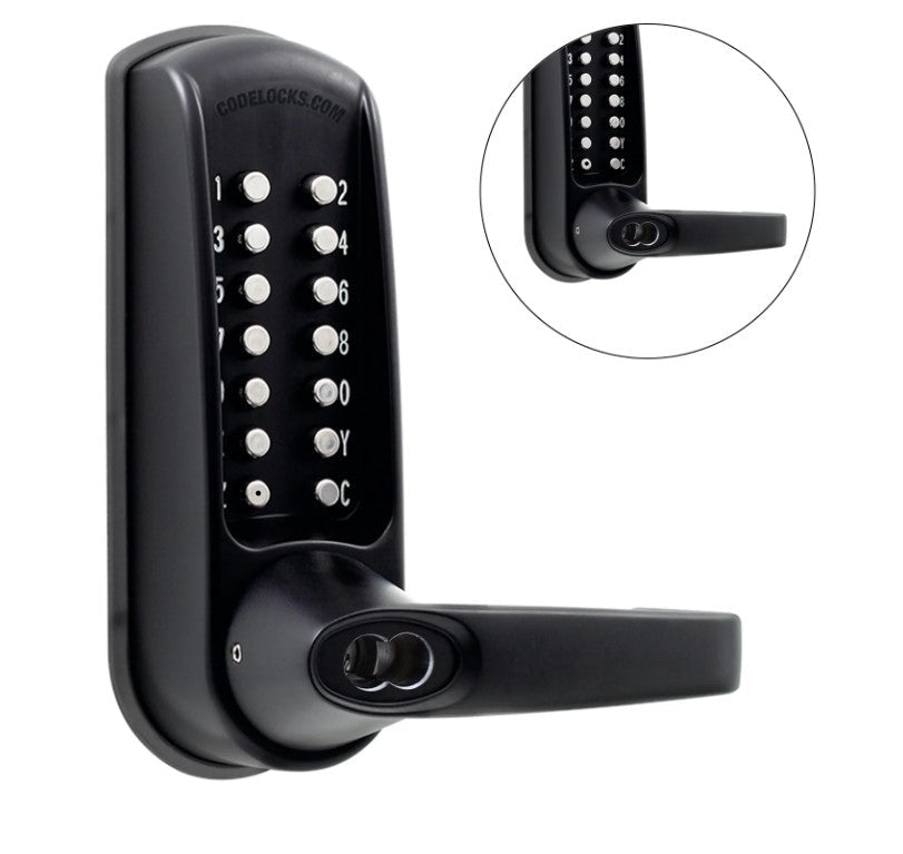 Heavy-duty mechanical gate lock with code, featuring a tubular latchbolt and quick code change, available in multiple finishes.