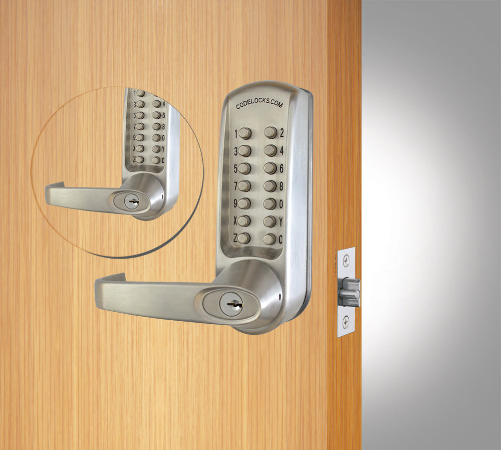 Heavy-duty mechanical gate lock with keypad for code entry, featuring a tubular latchbolt and quick code change.