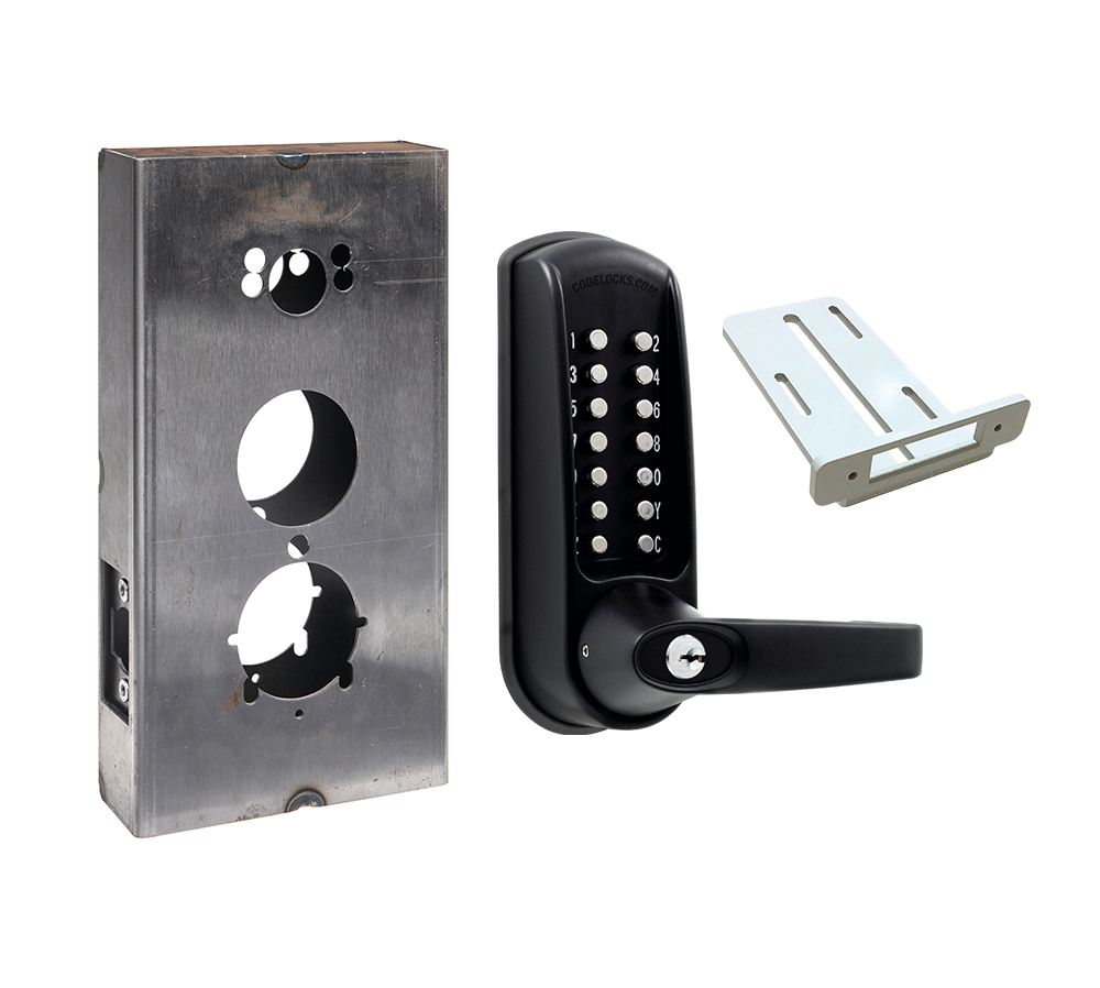 Heavy-duty steel gate lock kit with mechanical latchbolt, quick code change feature, and multiple finish options.