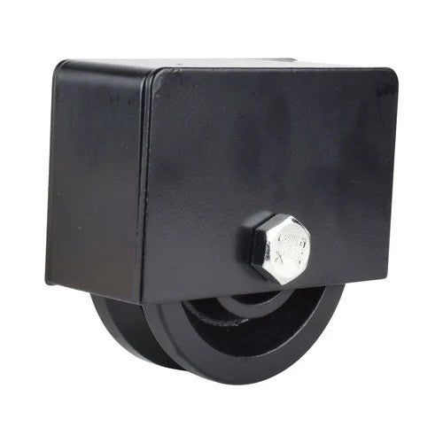 Cast iron V-groove gate wheel with a black powder coat finish, 4-1/2" x 1-1/2", sold individually in a box.