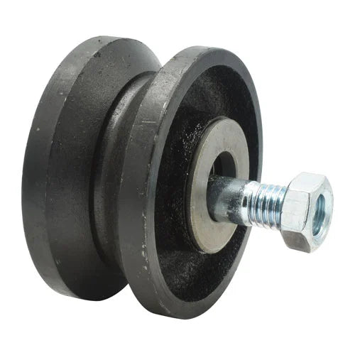 Cast iron V-groove gate wheel, 3 inches by 1.5 inches, designed for smooth gate operation, sold individually.
