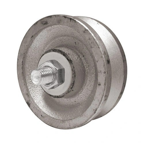 Cast iron V-groove gate wheel, 4 inches by 1.5 inches, designed for smooth gate operation, sold individually.
