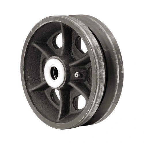 Heavy duty cast iron V-groove gate wheel measuring 6 inches by 2 inches, sold individually for durability and performance.