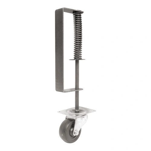 Heavy duty gate wheel with spring roller, 16-inch height, mill finish, designed for smooth gate operation.