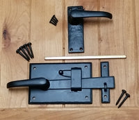 Cottage style gate latch kit with levers, including right and left handing options, screws, and installation hardware.