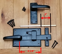 Cottage style gate latch kit with levers, includes right and left handing, two-way functionality, and screws.