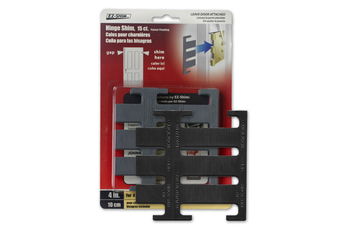 Door hinge shims for straightening doors, available in 3.5, 4, or 4.5 inches, made in the USA, pack of 15.