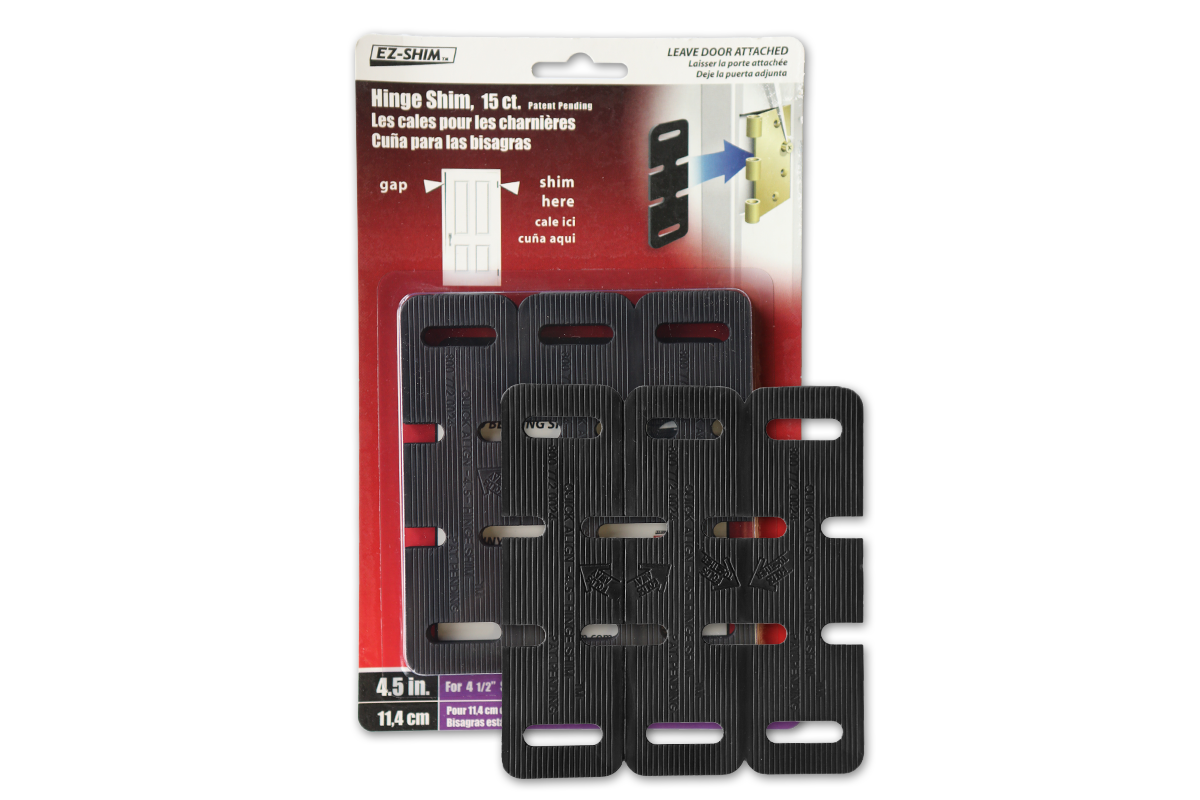 Door hinge shims in various sizes to straighten doors, made in the USA, packaged for easy use and installation.