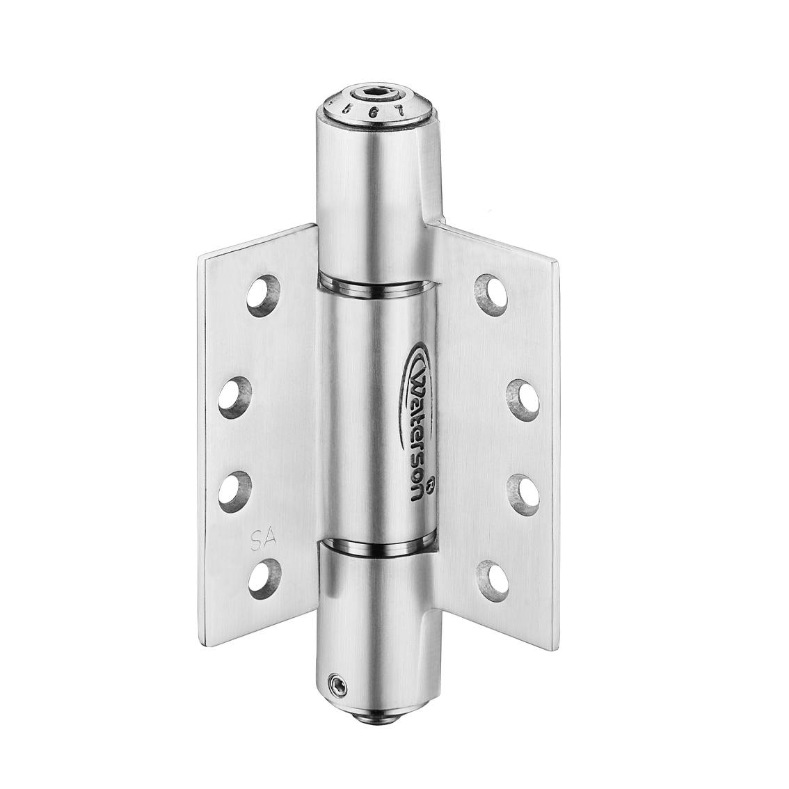 Heavy duty self-closing spring hinges in 4x4 inch size, made of 304 stainless steel for doors up to 330 lbs.
