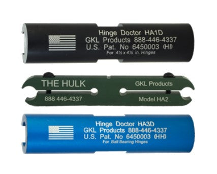 Hinge Doctor HA1–3D kit includes three tools for repairing and aligning commercial and residential door hinges.