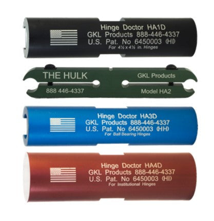 Hinge Doctor HA1-4D kit for commercial and residential use, featuring four color-coded tools for hinge repair.