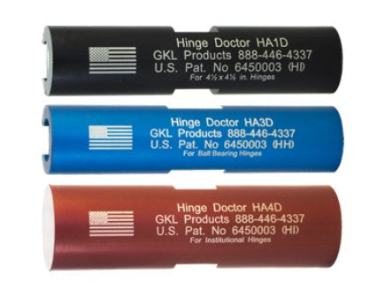 Hinge Doctor HA134D Commercial and Institutional Kit with three color-coded tools for hinge repairs and adjustments.