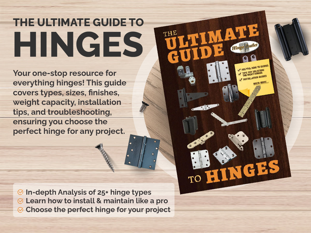 Ultimate Guide to Hinges eBook cover featuring various hinge types and installation tips for projects.