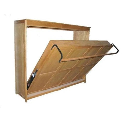 Horizontally descending wall bed mechanism in a wooden frame, designed for easy installation and multiple sizes.
