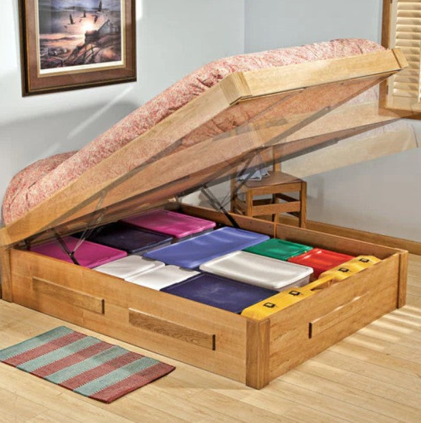 Hydraulic lift storage bed with frame and slats, showcasing under-bed storage for organization and space-saving.
