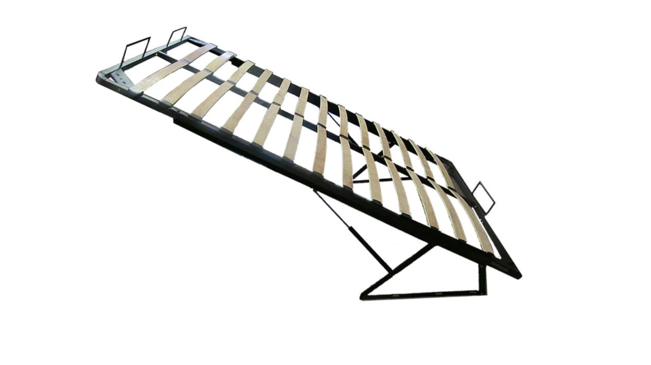 Hydraulic lift storage bed frame with wooden slats, designed for efficient space-saving and available in multiple sizes.