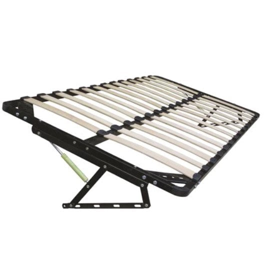 Hydraulic lift storage bed frame with slats, available in multiple sizes, designed for efficient space-saving storage.
