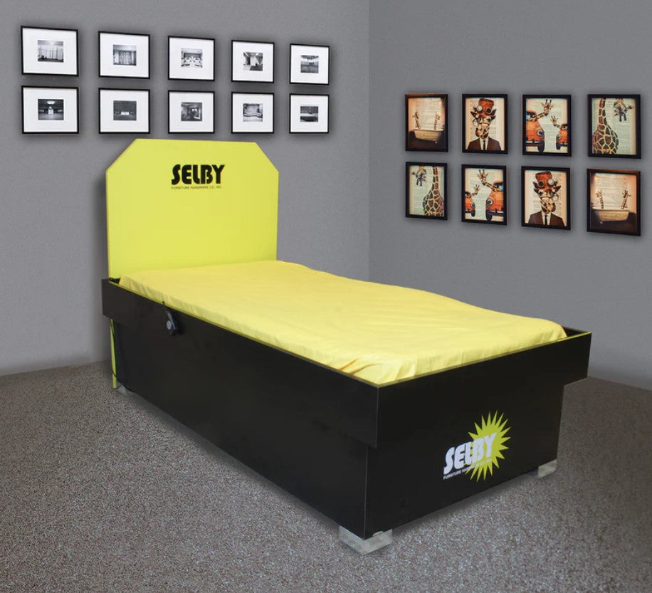 Hydraulic lift motorized storage bed mechanism kit with a yellow mattress and modern black frame in a stylish room setting.