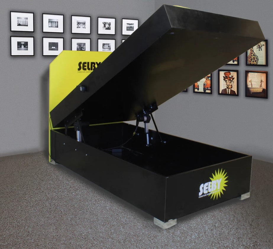 Hydraulic lift motorized storage bed mechanism kit with a sleek black and yellow design, ideal for maximizing space.
