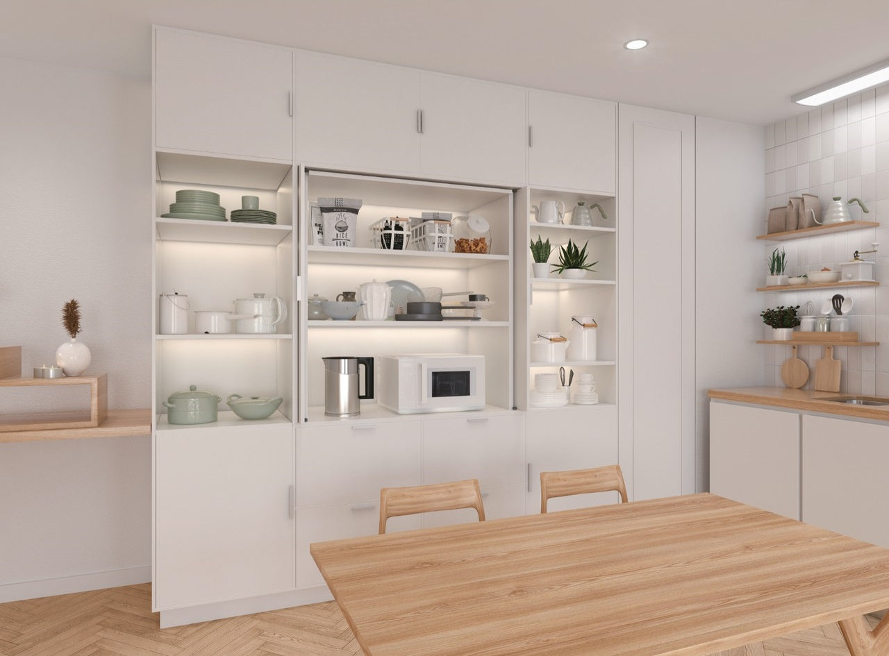 Inset cabinet pocket door system with soft close feature, suitable for doors up to 33 lbs, in nickel finish.