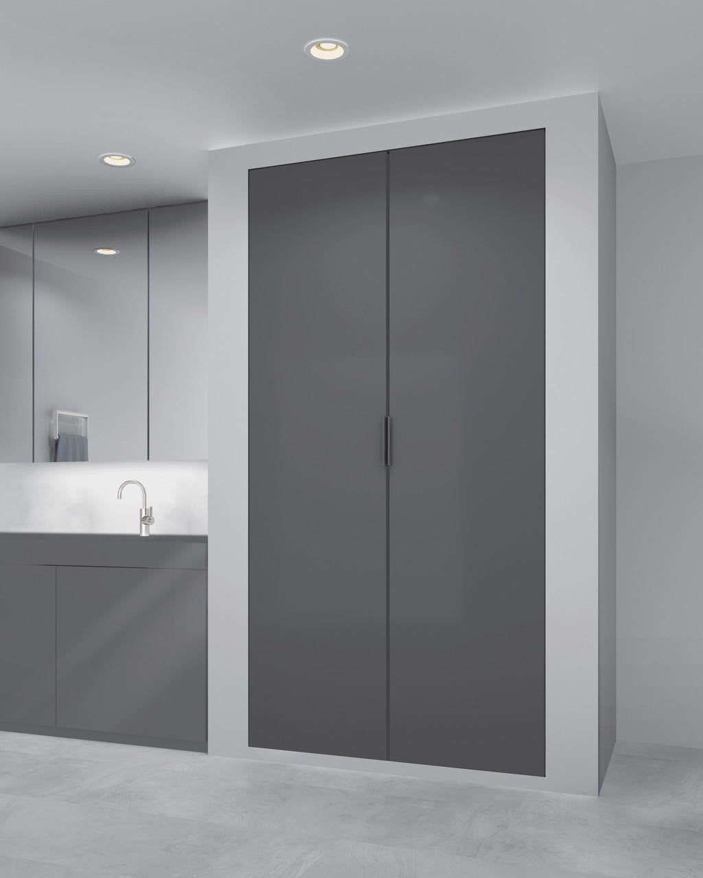 Inset cabinet pocket door system with soft close feature, suitable for doors up to 44 lbs, in nickel finish.