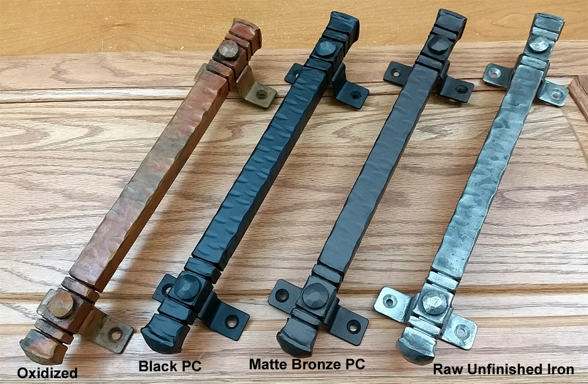 Jumbo 14-inch bridge door pull handles in oxidized, black, matte bronze, and raw unfinished iron finishes.