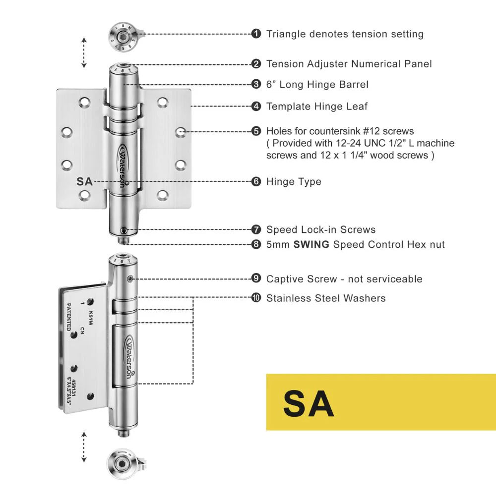 Heavy duty no slam self-closing spring hinge set, 4.5"x4.5", stainless steel for heavy doors, includes 3 pack.